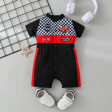 Newborn Baby Boy Styling Suit Mini Racer Outfit with Embroidered Stand Collar and Zipper Denim Overalls