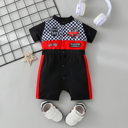 Newborn Baby Boy Styling Suit Mini Racer Outfit with Embroidered Stand Collar and Zipper Denim Overalls