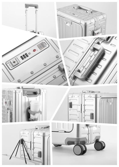 All Aluminum-magnesium Suitcase Front Opening Rolling Luggage with USB Charging Plug TSA Lock Trolley Case 20" Boarding Travel