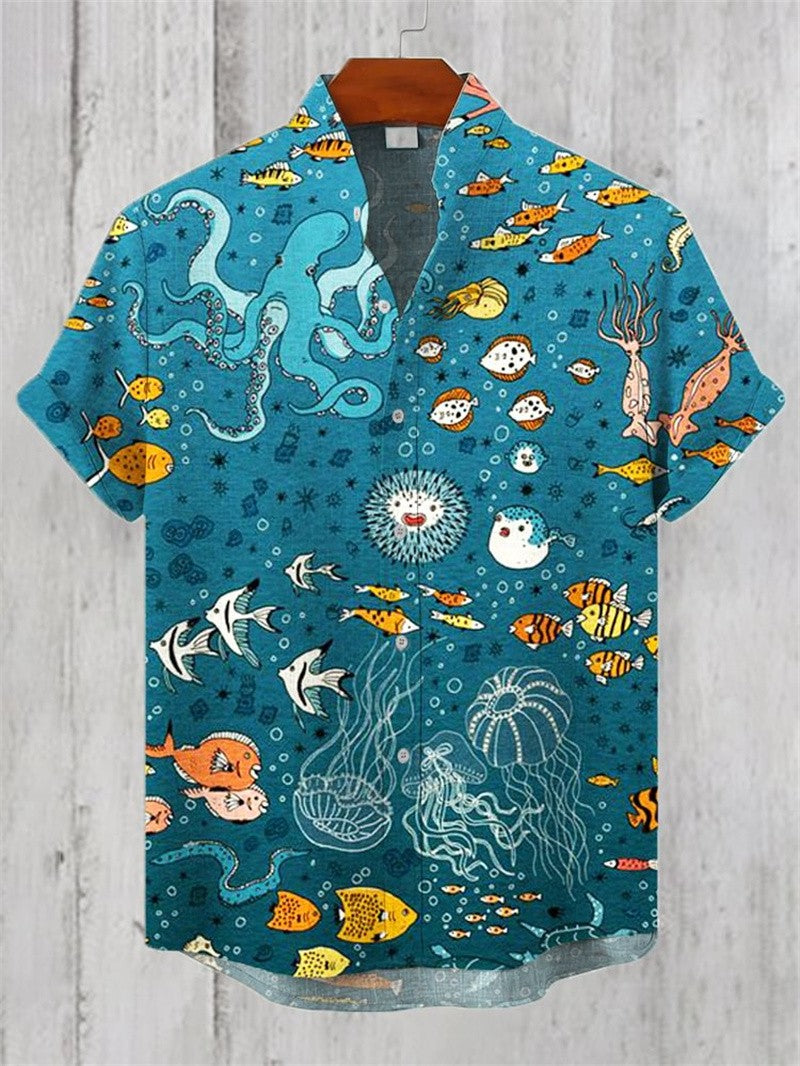 Hawaiian Summer 3D Cat Printed Men's Linen Shirt Casual Short Sleeve Shirt Loose, Vintage, Funny Men's Costume