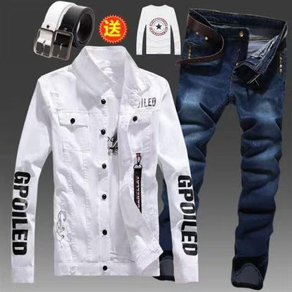 Men's Slim Fit Denim Jacket Pants 2pcs Set Long Sleeve Coats Letters Printed Casual Large Size Black White Red Boys Trousers