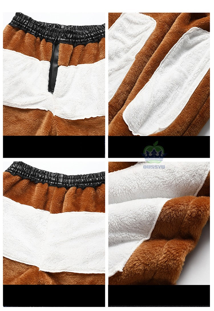 OUSSYU Brand High Quality Winter Outdoors Fleece Warm Pants Men Zippered Pocket Business Straight Flocking PU Trousers Plus Size