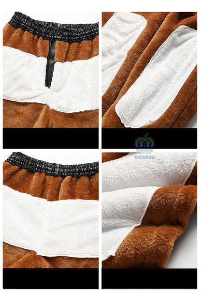 OUSSYU Brand High Quality Winter Outdoors Fleece Warm Pants Men Zippered Pocket Business Straight Flocking PU Trousers Plus Size