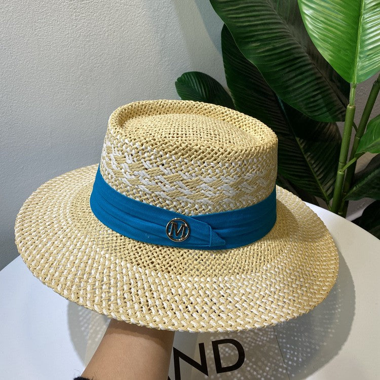 Chapéu de Palha Feminino de Verão Chapéu de Sol Luxuoso Feminino Chapéu de Praia de Proteção Solar da Moda Chapéu Panamá Francês Chapéu Raff de Aba Larga com Topo Abaulado