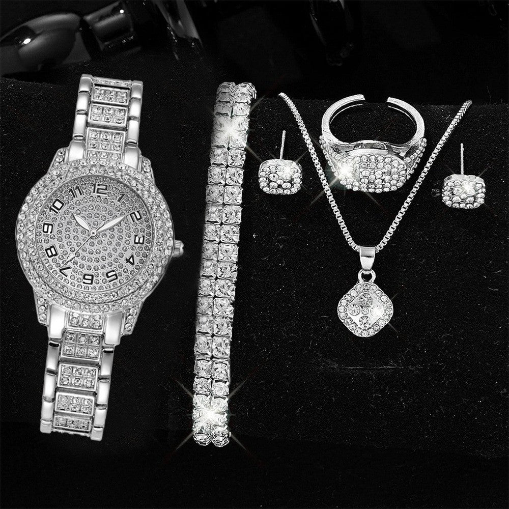 Full Diamond Roman Literal Steel Strip Watch with Starry Charm Business Quartz Watch Set