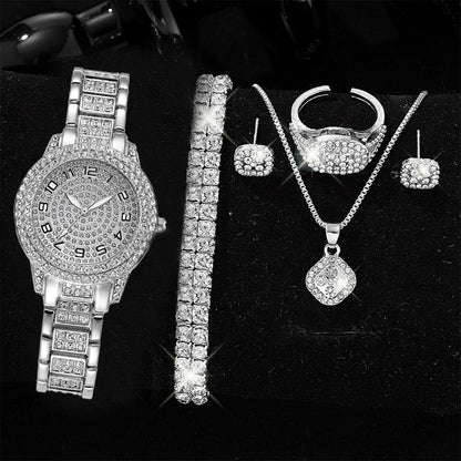Full Diamond Roman Literal Steel Strip Watch with Starry Charm Business Quartz Watch Set