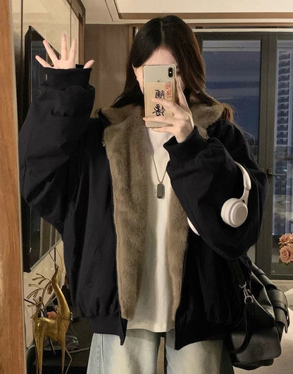 American Retro Reversible Velvet Zipper Hooded Jacket Women Winter Fashion Street Thick Loose Warm Harajuku Casual Plush Jacket