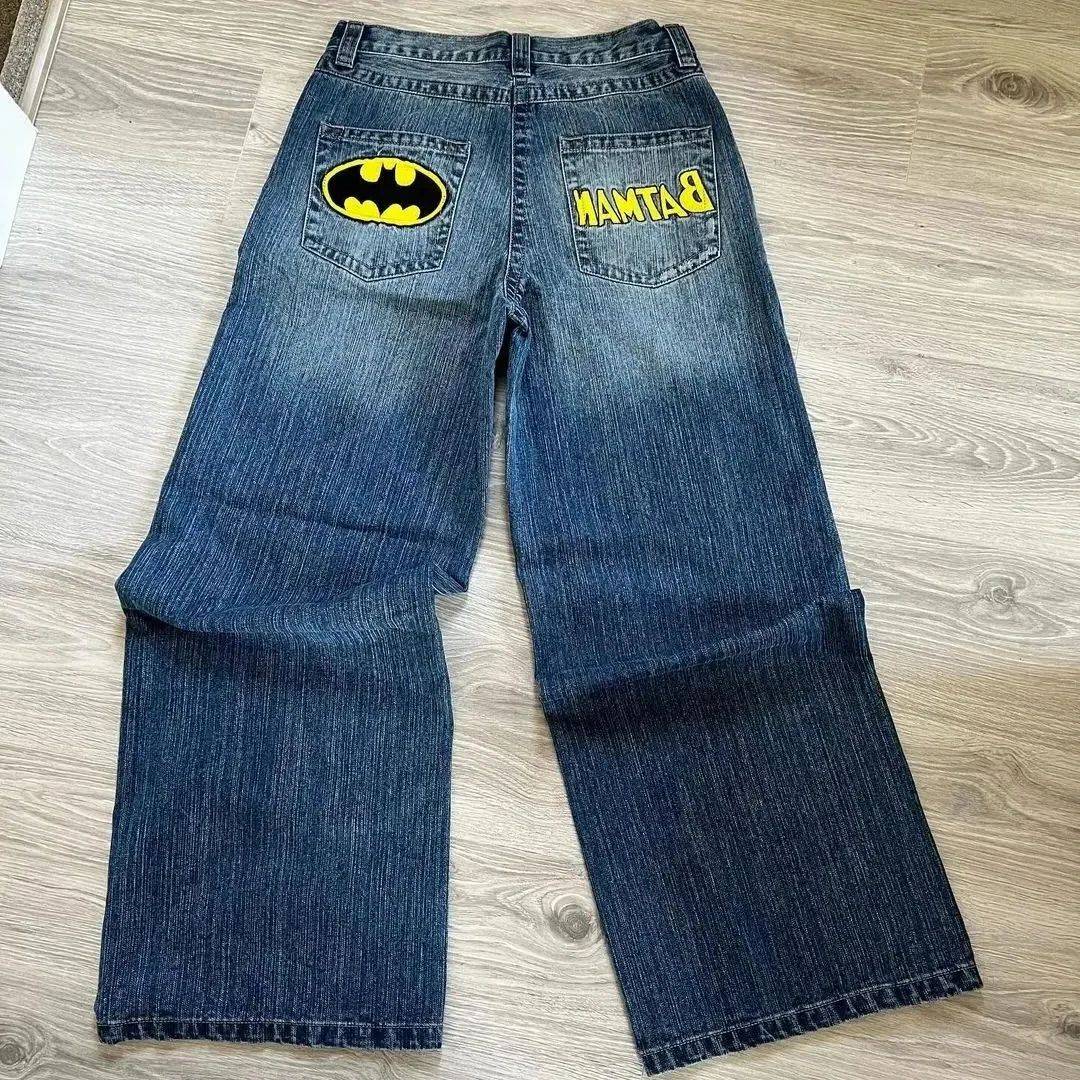 Harajuku Hip Hop Cartoon Letter Embroidery Retro Blue Baggy Jeans Mens Womens Jeans Rock Low Waist Wide Leg Trousers Y2K Clothes