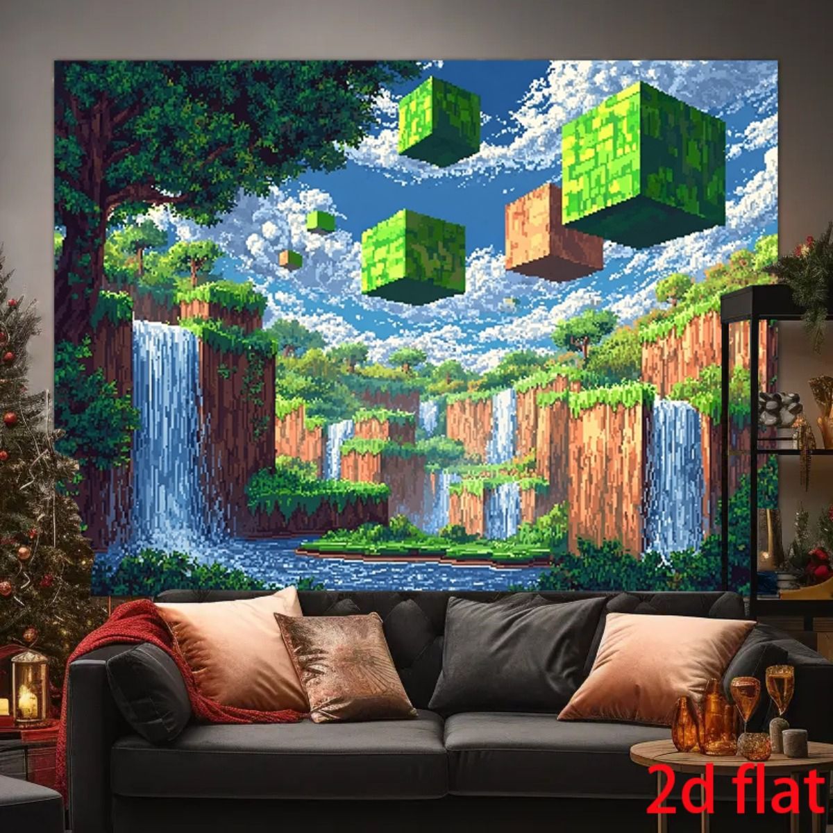 Pixel-style floating cube waterfall landscape 2D flat banner game room decoration digital art tapestry wall hanging, suitable