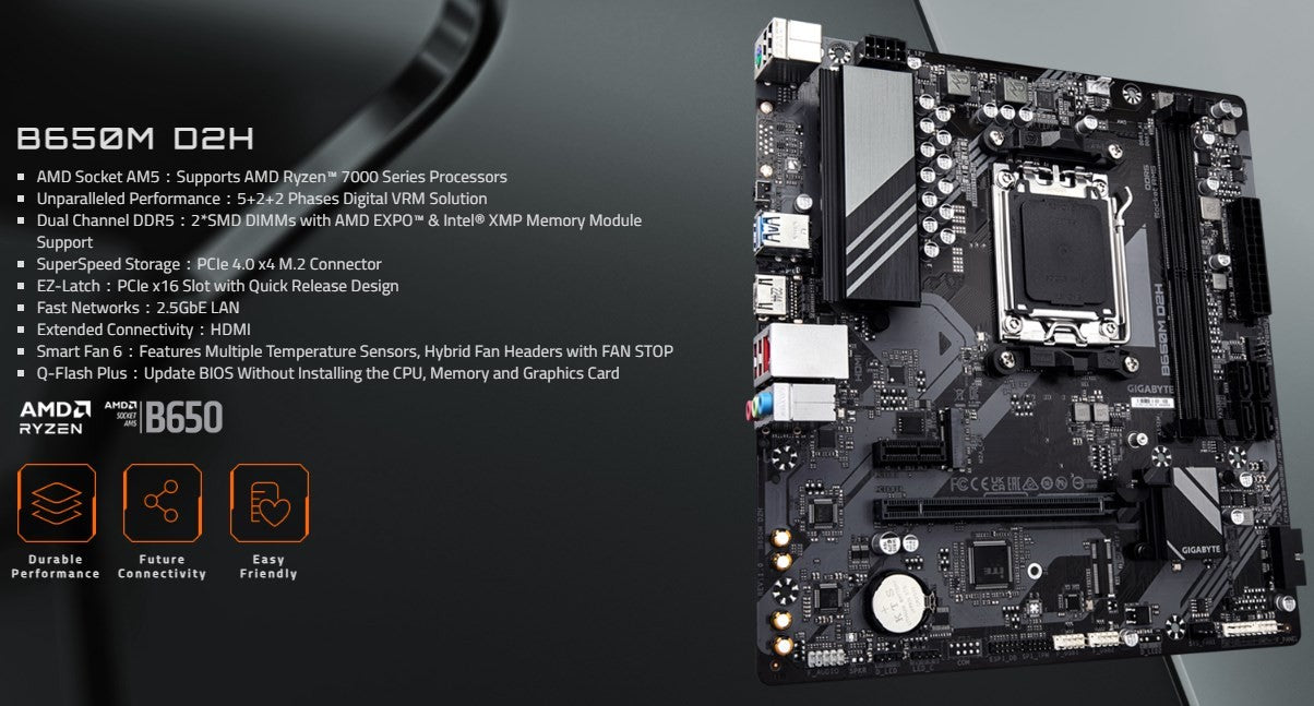 Gigabyte New B650M D2H Motherboard, AM5, LGA 1718, AMD B650, Micro ATX,  DDR5