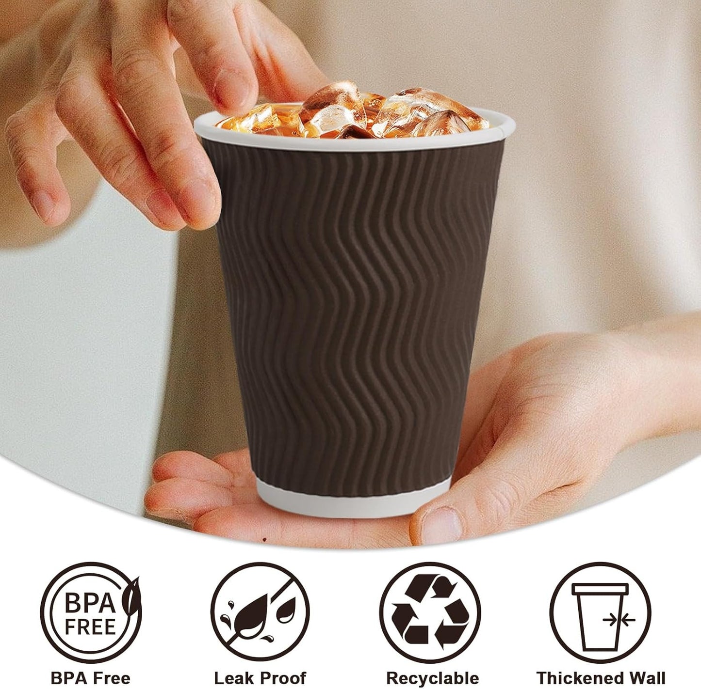 Copos de Café Descartáveis de 350 ml, 100 Unidades, Copos de Papel Térmicos, Copo de Papel com Parede Ondulada Corrugada, Quente/Frio D