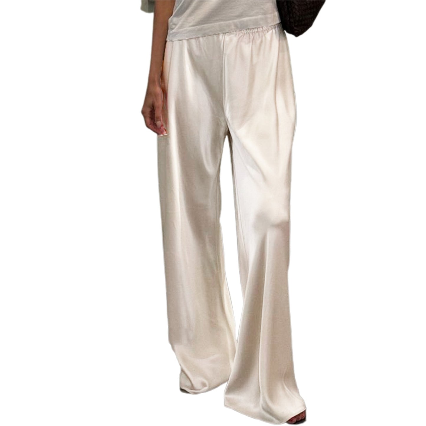 Chic Satin Wide Leg Dress Pants Women's Stylish Elastic Waist Loose Fit Long Trousers for Streetwear Work Solid Color