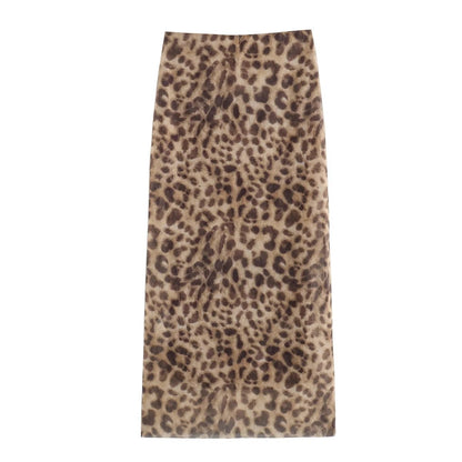 Women Leopard Tulle Midi Skirt 2024 Summer Fashion High Waist Elasticated Waistb