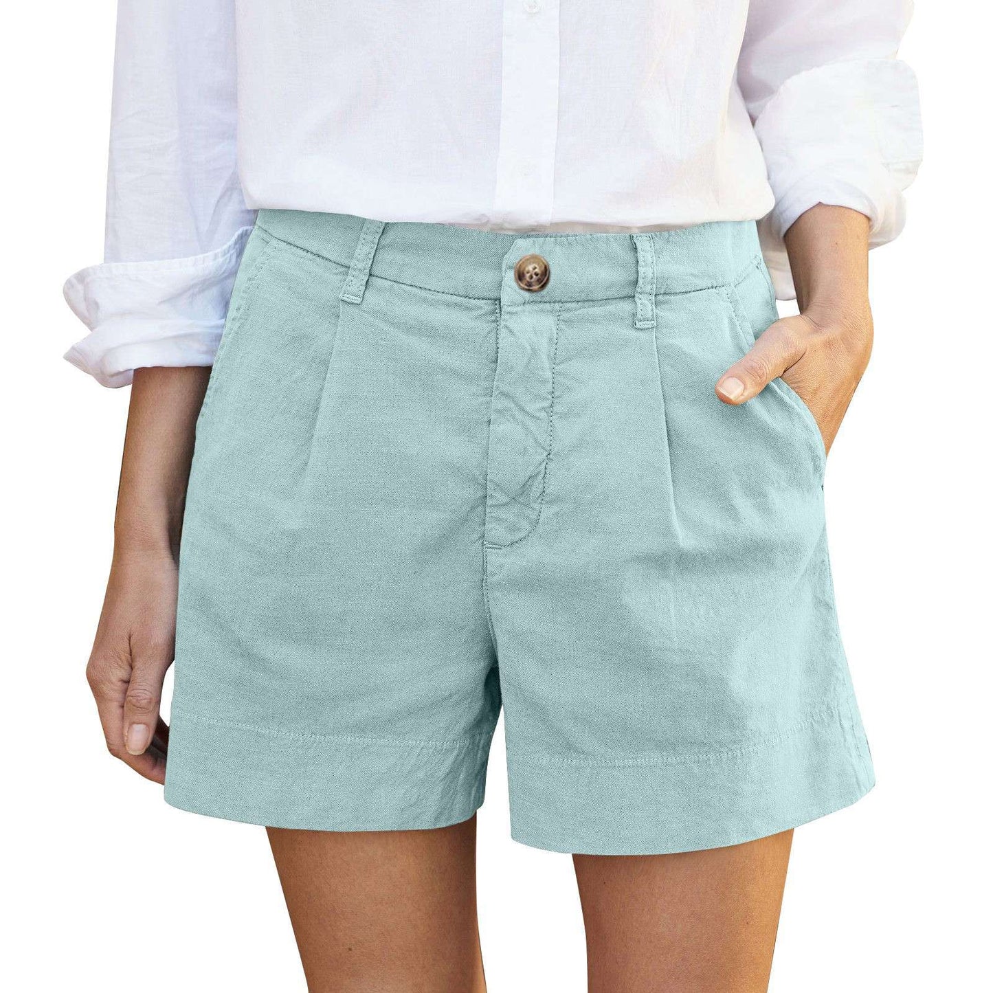 Cotton Linen Solid Shorts For Women Button High Waist Summer Loose Casual Pockets Shorts Female Pants Women Clothing