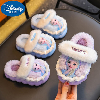 Chinelo de Algodão Infantil Inverno Princesa Disney Elsa Frozen Menina Antiderrapante Quente Para Bebê Rosa Azul Tamanho 26-35