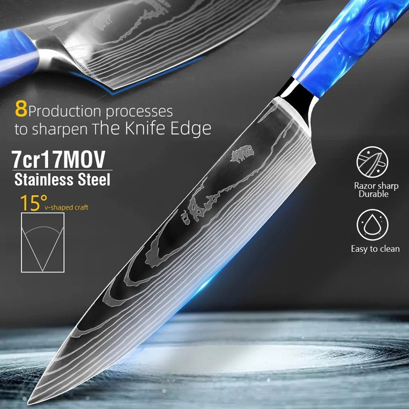 Faca de Cozinha Japonesa Chef 1-10 Peças Conjunto 7CR17 Aço Inoxidável 440C Desenho Damasco Cutelo de Carne Fatiador Santoku Ferramentas de Cozinha