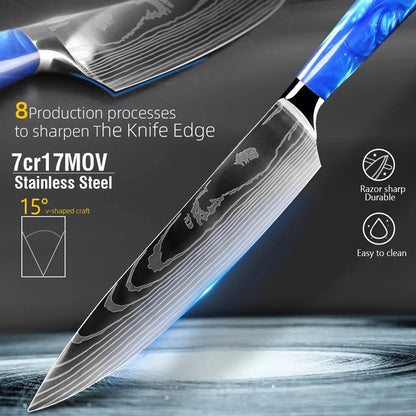 Faca de Cozinha Japonesa Chef 1-10 Peças Conjunto 7CR17 Aço Inoxidável 440C Desenho Damasco Cutelo de Carne Fatiador Santoku Ferramentas de Cozinha