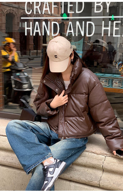 Autumn Winter Warm PU Jackets Fashion Women Long Sleeve Korean Thick Loose Coats Casual Office Lady Commute Lapel New Outerwear