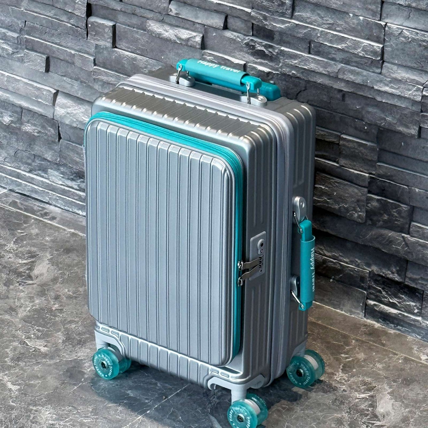 1-Piece Set of Front-Opening Suitcase with Jelly Wheels, Trolley Case with 5cm Expansion Layer, Leather Handle, Luggage with Phone Holder, Foldable Cup Holder, Side Hook Function, Customs Lock, Suitable for Outdoor Beach Vacations and Long-Distance Travel