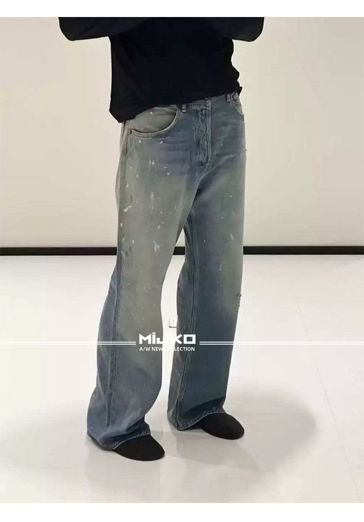 MIJKO Tie Dye Splatter Paint Denim Jeans Men's Loose Wide Leg Jeans American TJ131