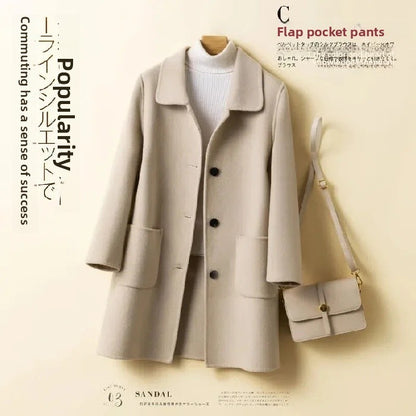 High-End Korean Style Double-Faced Cashmere Woolen Coat for Women Mid-Length Thickened Polyester Fiber Winter Outerwear