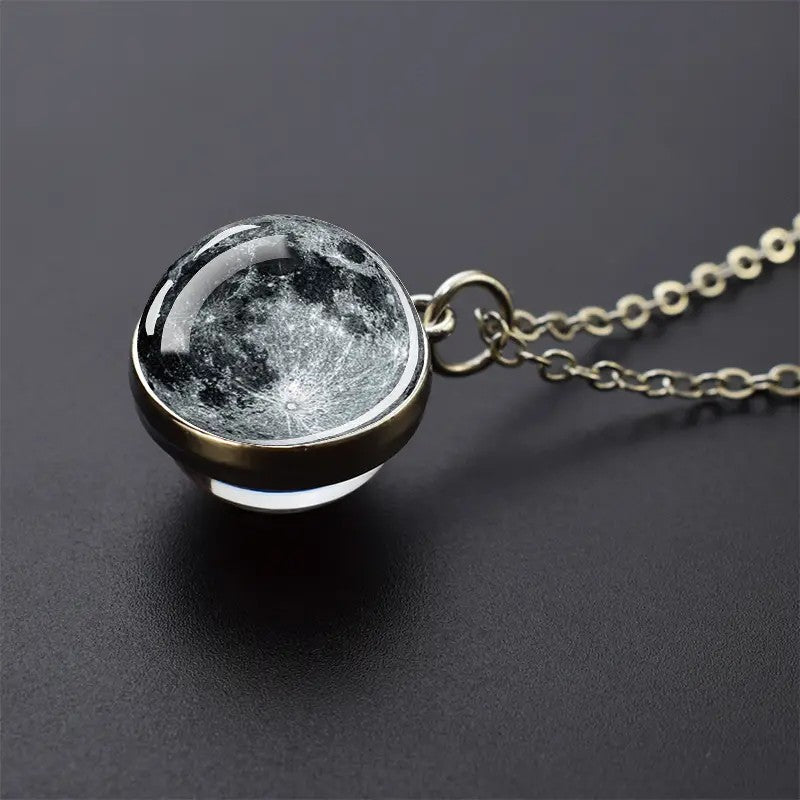 Colar com Pingente de Bola de Vidro Planeta Dupla Face Galáxia Sol Terra Lua Marte Joias