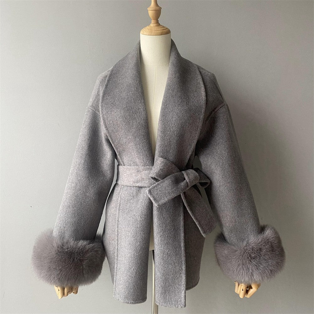 Jxwatcher Women's Wool Coat with Real Fox Fur Cuffs Ladies Elegance Belt Slim Outerwear Fall Winter High-End Wool Coats 2024 New