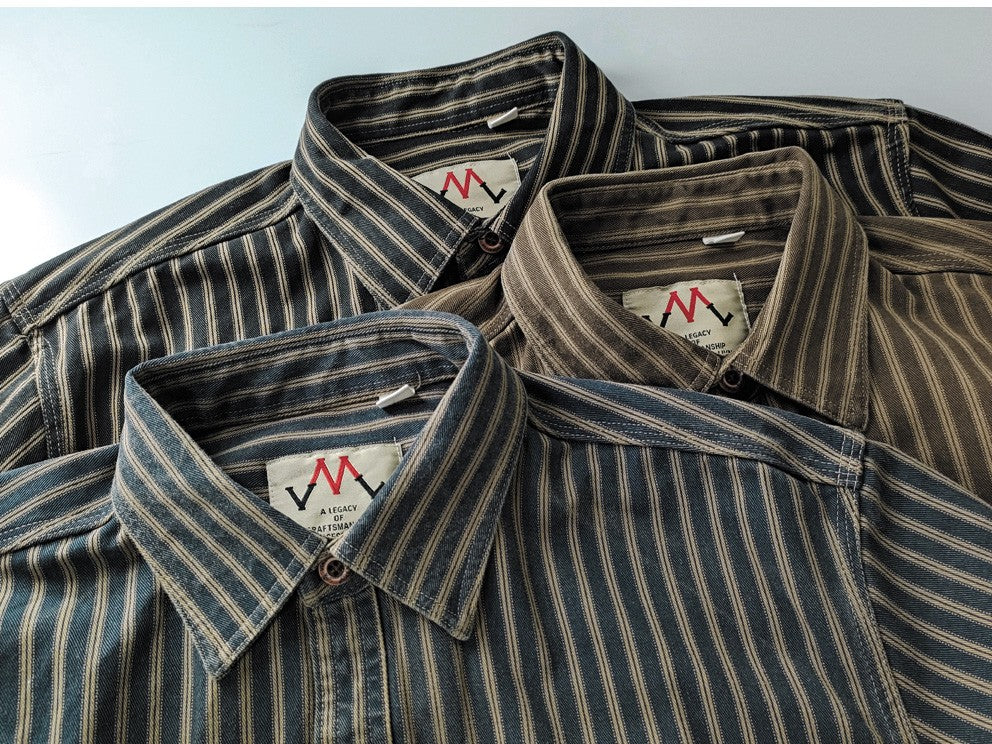 2025 Spring and Autumn New American Retro Woven Striped Cargo Shirt Men's Simple 100% Cotton Washed Double Pockets Thin Jacket