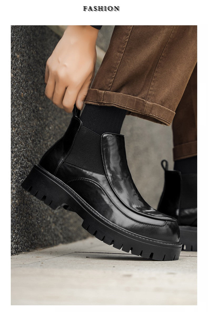 New designer black fashionable men's leather shoes for autumn and winter, retro ankle boots, round-toe business Chelsea boots