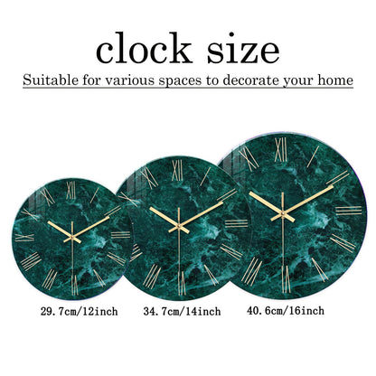 Creative Stylish Dark Green Marble Texture Pattern Tempered Glass Wall Clock Living Room Bedroom Kitchen Home Decoration Wall Clock Silent Quartz Clock Holiday Gift 12 Inches 14 Inches 16inch (Without Batteries)