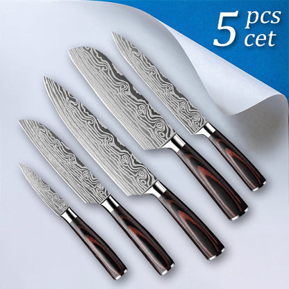 MDHAND Conjunto de Facas de Cozinha com 5 Peças, Lâmina Forjada Afiada de Aço Inoxidável de Alto Carbono e Cabo Ergonômico de Pakkawood