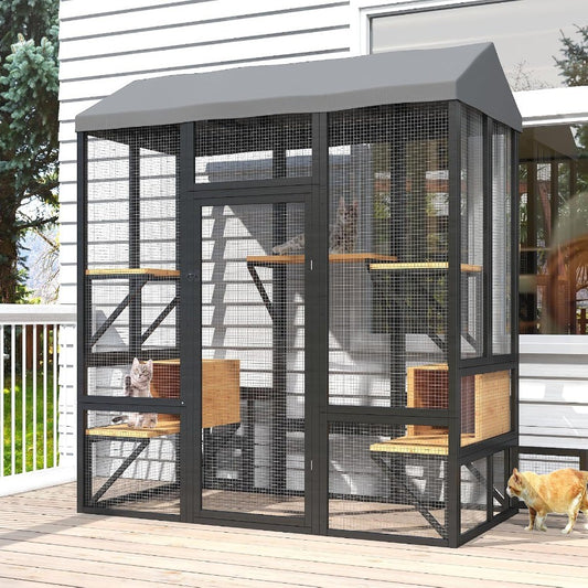 Grande Recinto Externo para Gatos Múltiplos com Acesso de Entrada Cobertura Impermeável e Teto Refletor de Luz Solar, Características 7 Plat