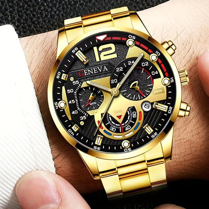 4pcs Luxury Men Business Quartz Watch Gold Alloy Roman with Calendar Wrist Watch Cross Necklace Bracelet Ring Set Men's Gift
