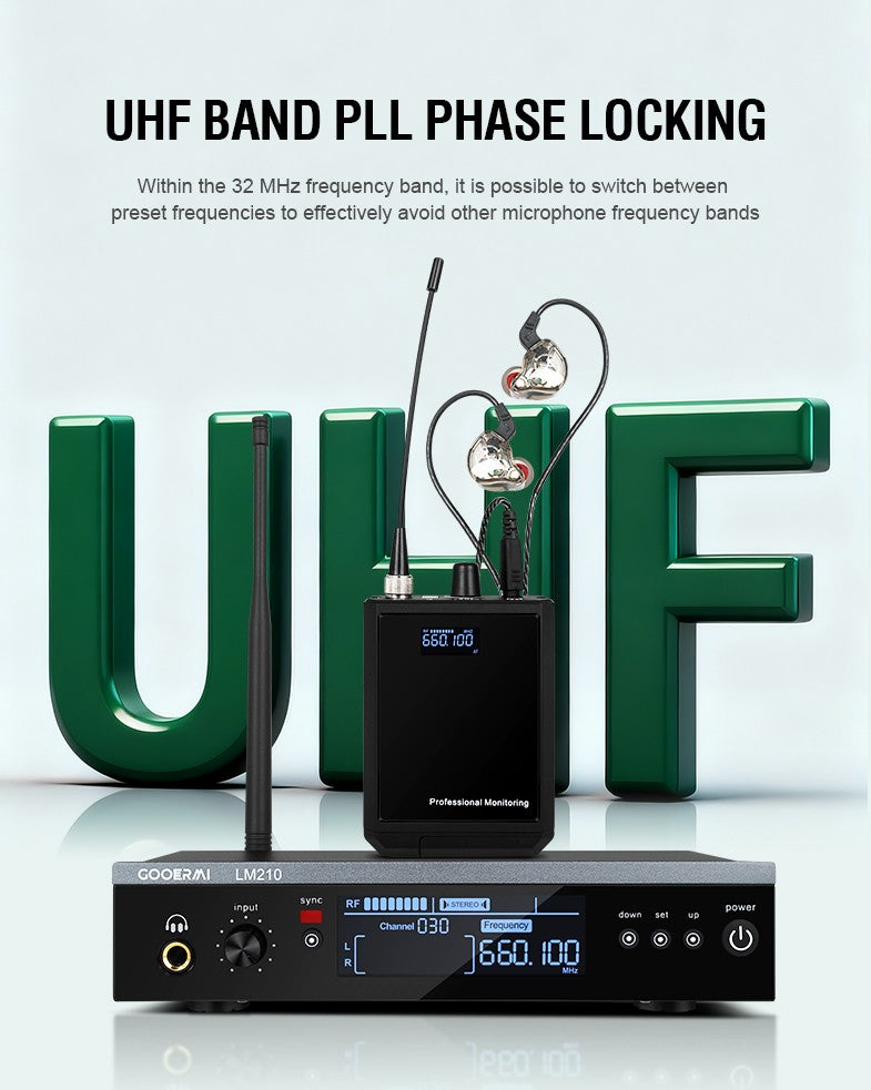 Sistema Sem Fio de Monitoramento Intra-Auricular UHF Gooermi LM210 Canal Estéreo Com Múltiplos Transmissores Para Pequenos Concertos e Home Theater