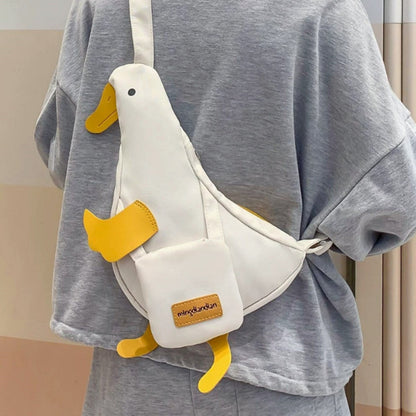 Beige and white new cute duck shape canvas bag student chest bag shoulder bag trend funny cartoon crossbody bag 1 outfit