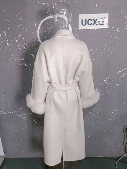 UCXQ Casaco Feminino Elegante OL para Escritório com Retalhos de Pelo Manga Comprida Lã Jaqueta de Roupa Feminina Bonita Outono Inverno 2025