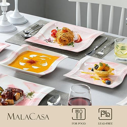 Modern 30Piece Porcelain Dinnerware Set in Pink for 6 People Includes Plates Bowls Cups Saucepans and Square Dishes Elegant Ser