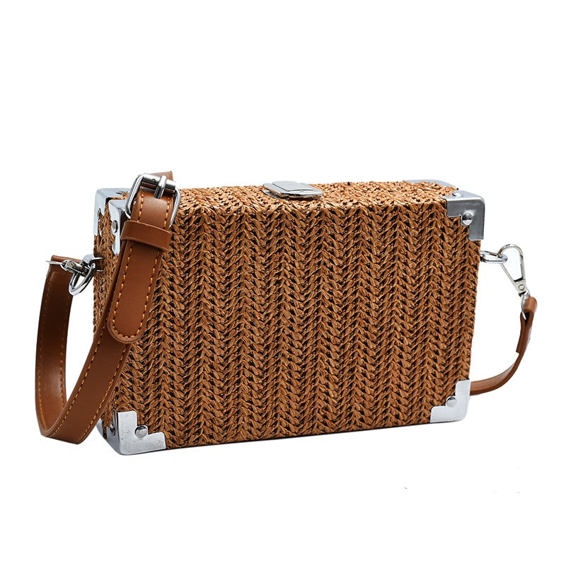 Couple's Sling Bag Straw Weaving with Corner Metal Decoration Boxy Shape Doctor Bag for Date Back to School Party Shoulder Bag