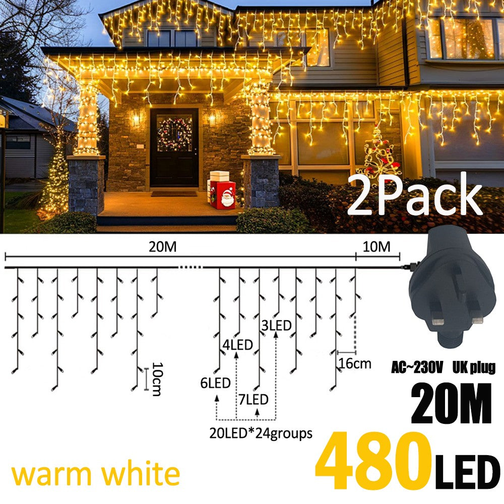 LED Christmas Icicle Curtain String Lights 20M+10M 480LED Extens 8Modes, Plug in Waterproof for Wedding Party Home Garden