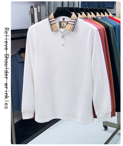 Luxury brand long sleeve polo shirt men comfortable casual autumn item silk cotton high-end Korean fashion plaid lapel T-shirt