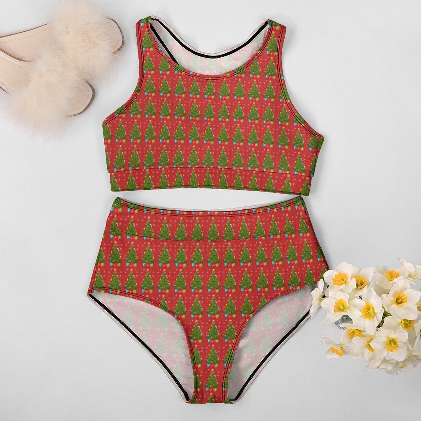 Sexy Green Christmas Tree Bikini Swimsuit Holiday Print Swimwear High Waisted Cute Bikinis Set Push Up Biquinis Large Size