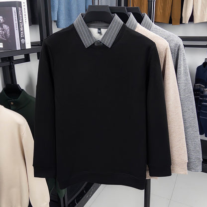 Fake Two-piece Striped Shirt Collar Knitted Sweater Men's Warm and Versatile Casual Woolen Shirt Waffle Top Winter Trend