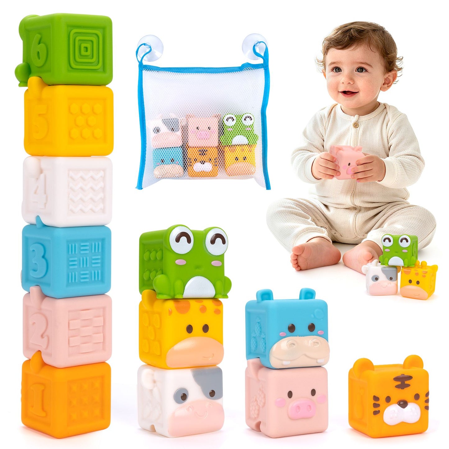 Brinquedos de blocos de montar de silicone macio para bebês Cubo 3D de animais brinquedos de empilhar Brinquedos sensoriais educativos Montessori para bebês Brinquedos de banho
