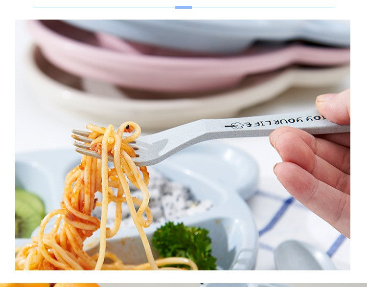 3-Piece Cute Divided Dining Plate for Children's Bowls Solid Color Fork Spoon Sucking Tableware Set with Wheat Material