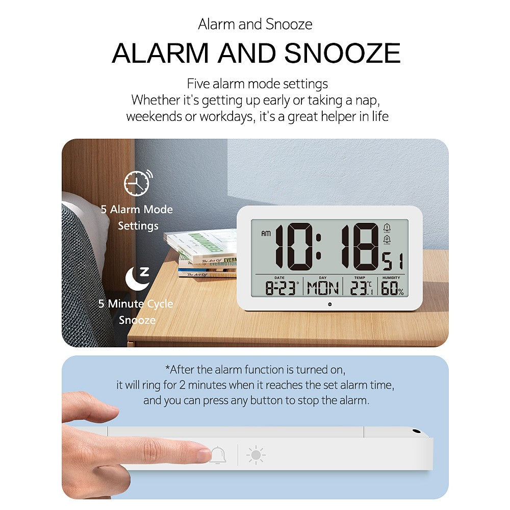 Large Digital Wall Clock with Temperature Humidity Calendar 8.5"Desk LCD Alarm Clock Backlight for Bedroom Office Living Room