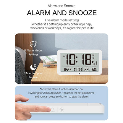 Large Digital Wall Clock with Temperature Humidity Calendar 8.5"Desk LCD Alarm Clock Backlight for Bedroom Office Living Room