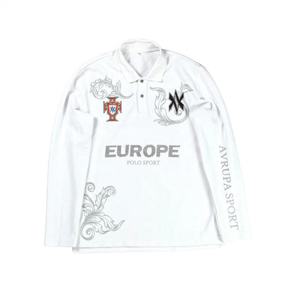 Retro Long Sleeve Polo Shirt Y2k Casual Loose Letter Pattern Embroidery T Shirts Street Sweatshirt Men Cotton Jersey Lapel Golf