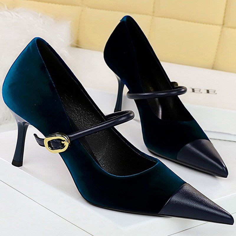 Korean Version Party 10cm 7cm High Heels Women Shoes Thin Heels Velvet Shallow Montage Pointed Toe Metal One-line Buckle Pumps