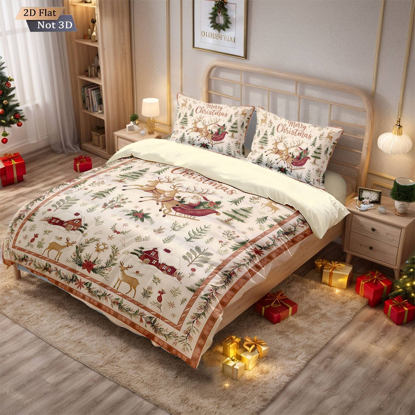 3pcs Santa Claus printed coreless bedding set, multi size bedroom dormitory duvet covers, soft and machine washable decoration
