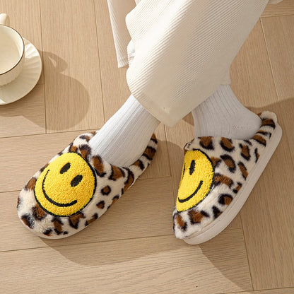 Leopard Fluffy Slippers for Home Smile Designer Platform Shoes Women 2025 Indoor Plush Sliders Warm Flats Chic Winter Footwear